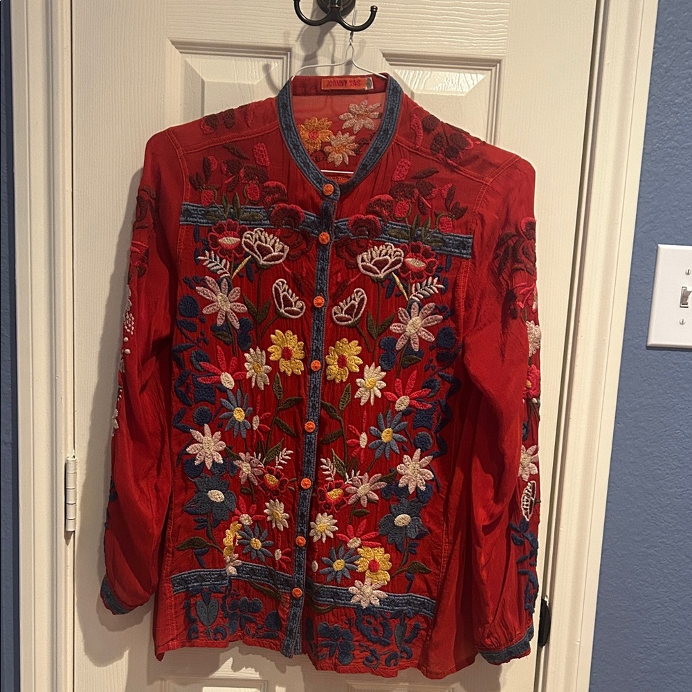 Johnny Was Red Blouse with Floral Embroidery